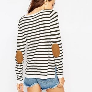 Sweater In Stripe With Tan Suedette Elbow Patch