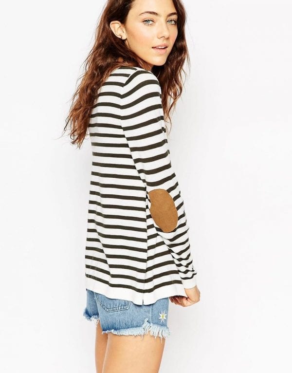 Sweater In Stripe With Tan Suedette Elbow Patch